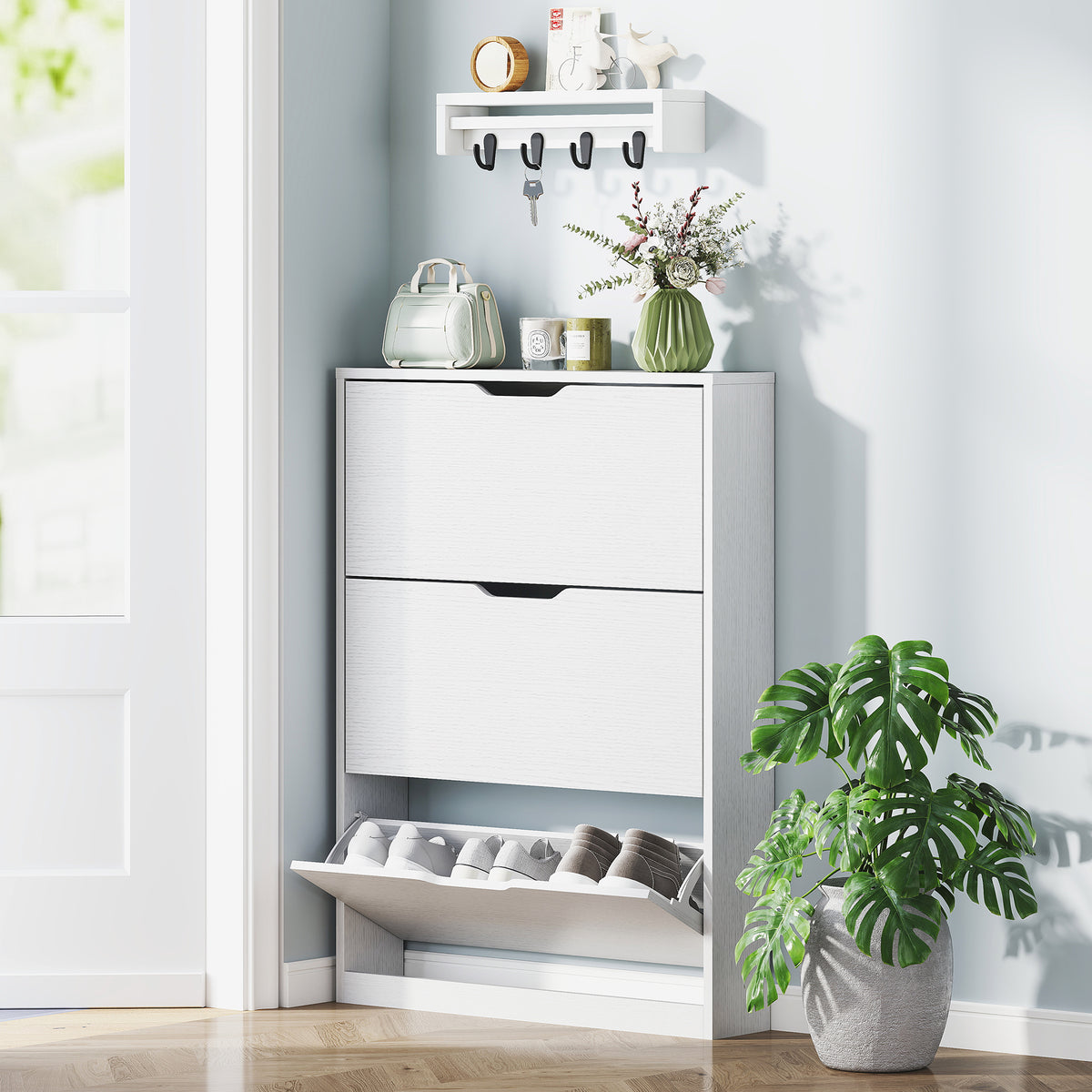 Shoe cabinet with 3 tilt-out compartments, for up to 12 pairs of shoes, chipboard, 80 x 17 x 108 cm, white (2)
