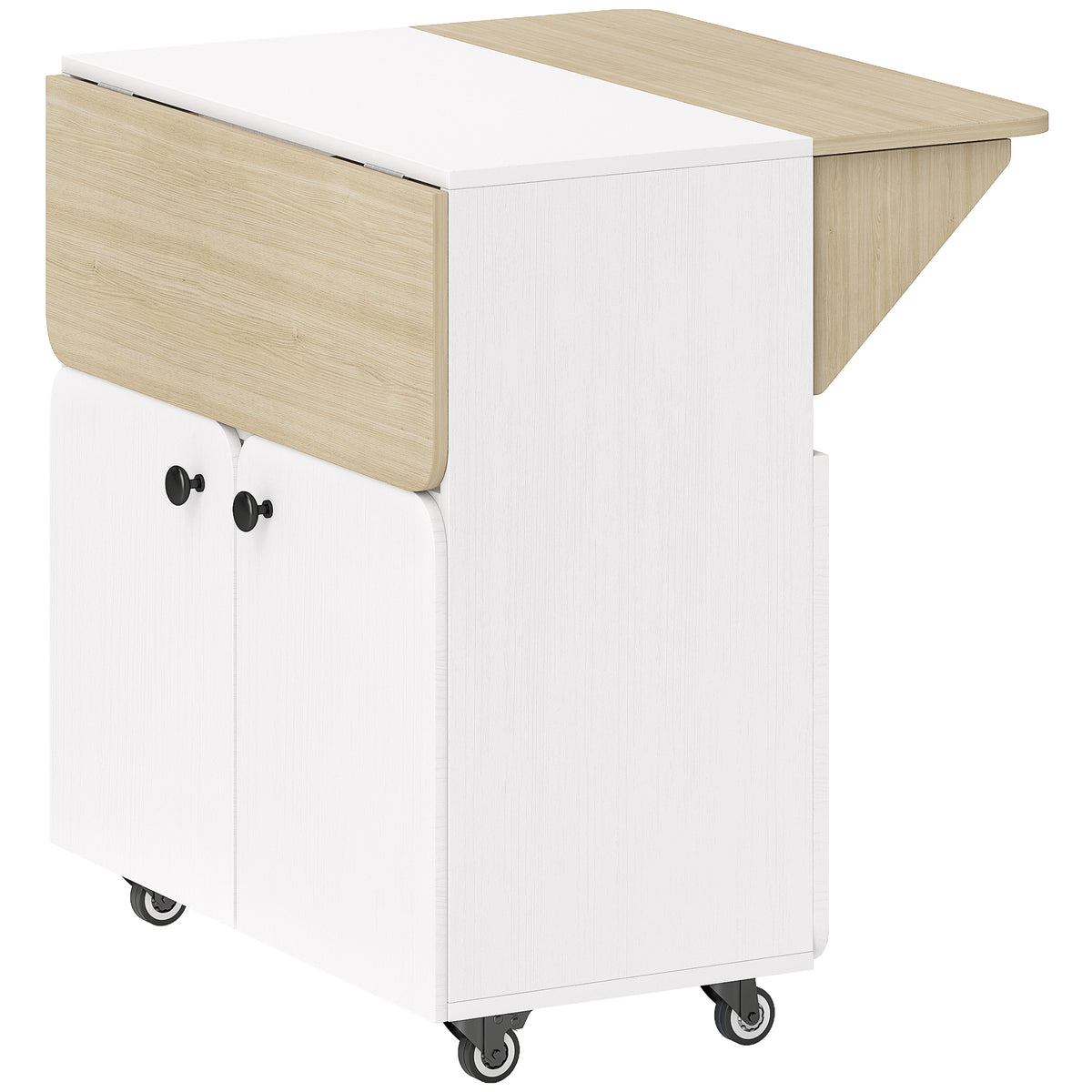 Folding table rolling cabinet, two foldable table sides, cabinet compartment, 4 casters, white + natural wood