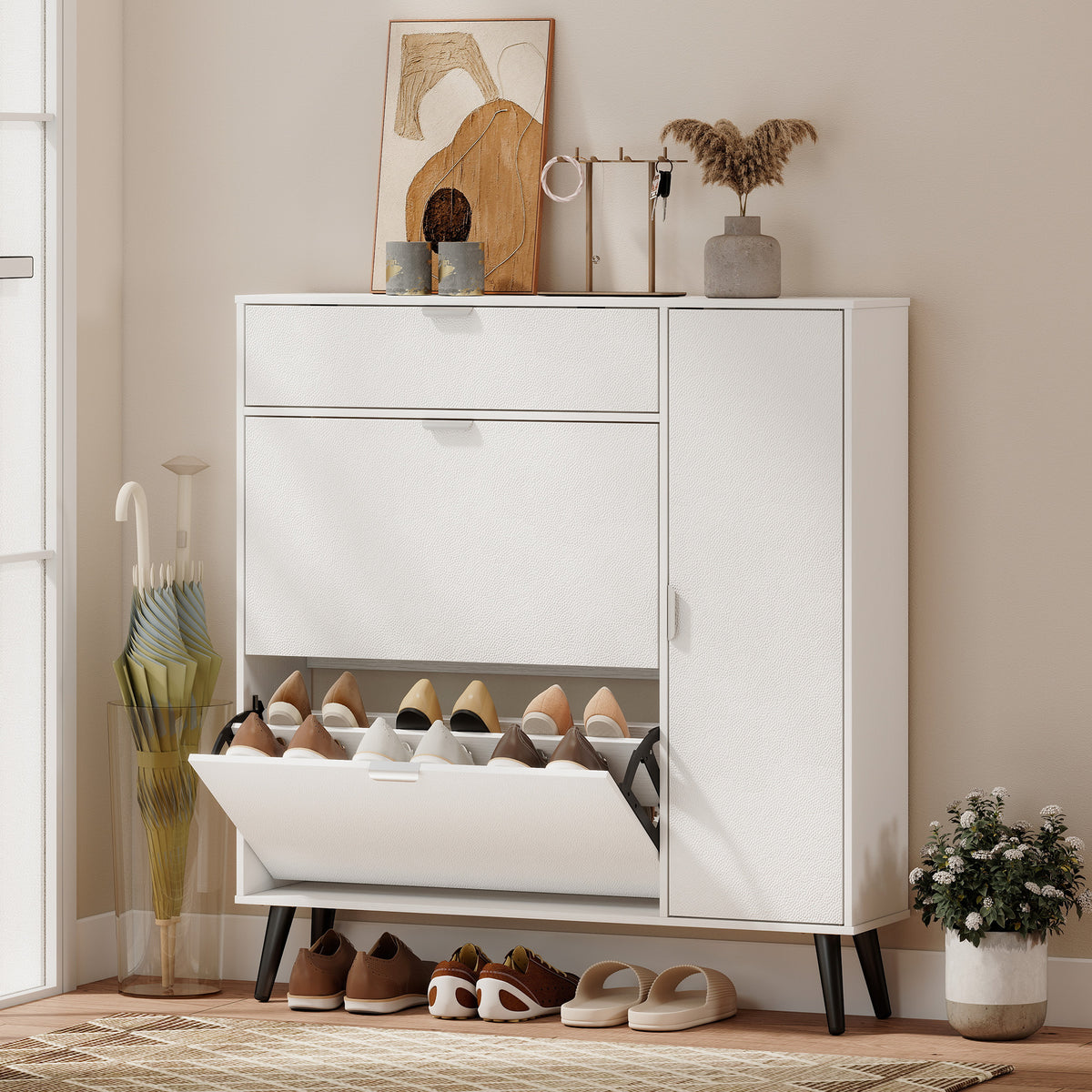 Narrow shoe cabinet with 2 tilt-out compartments, shoe cabinet with lychee leather-effect doors and adjustable (2)