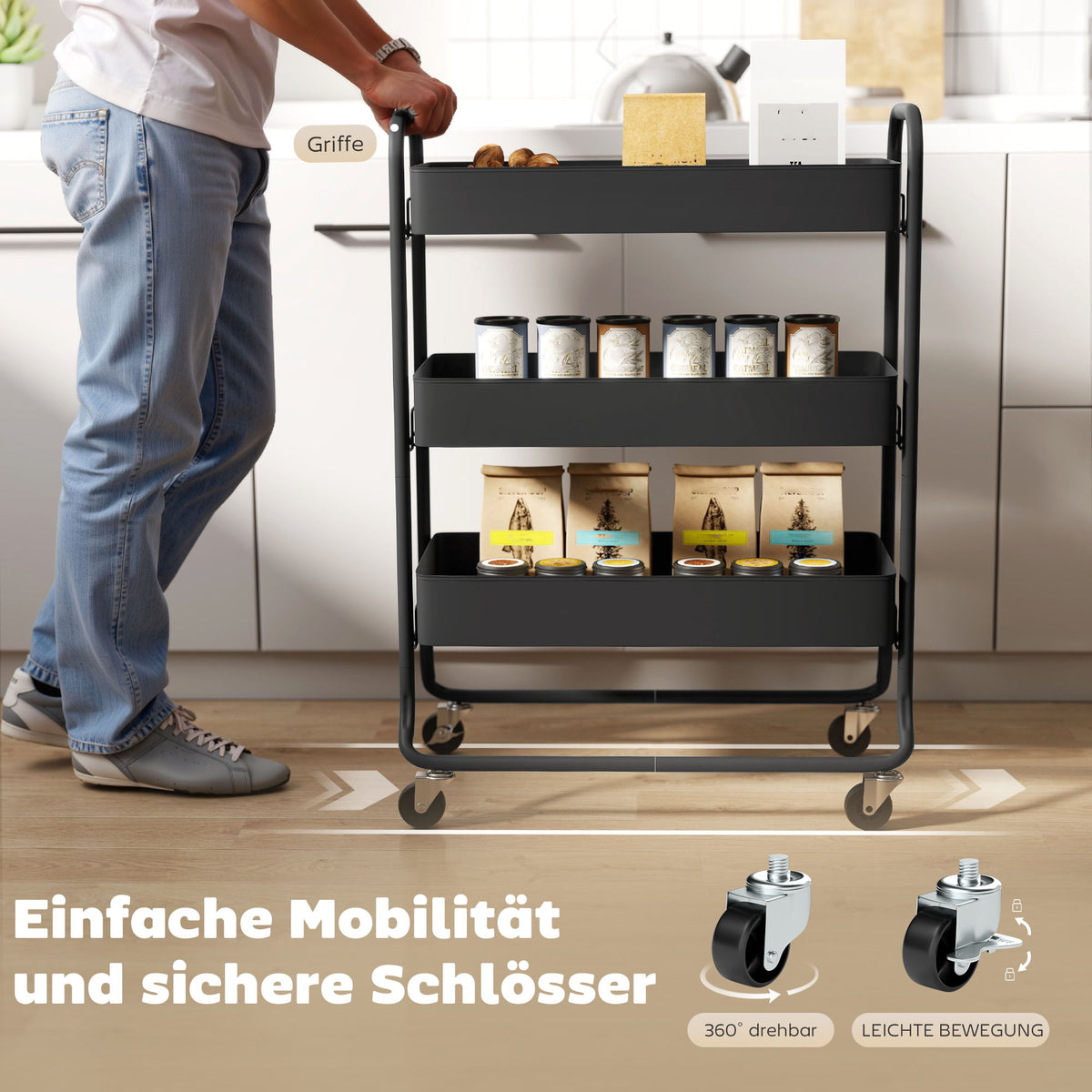 Kitchen trolley, 3 baskets, 4 castors, metal, black (5)