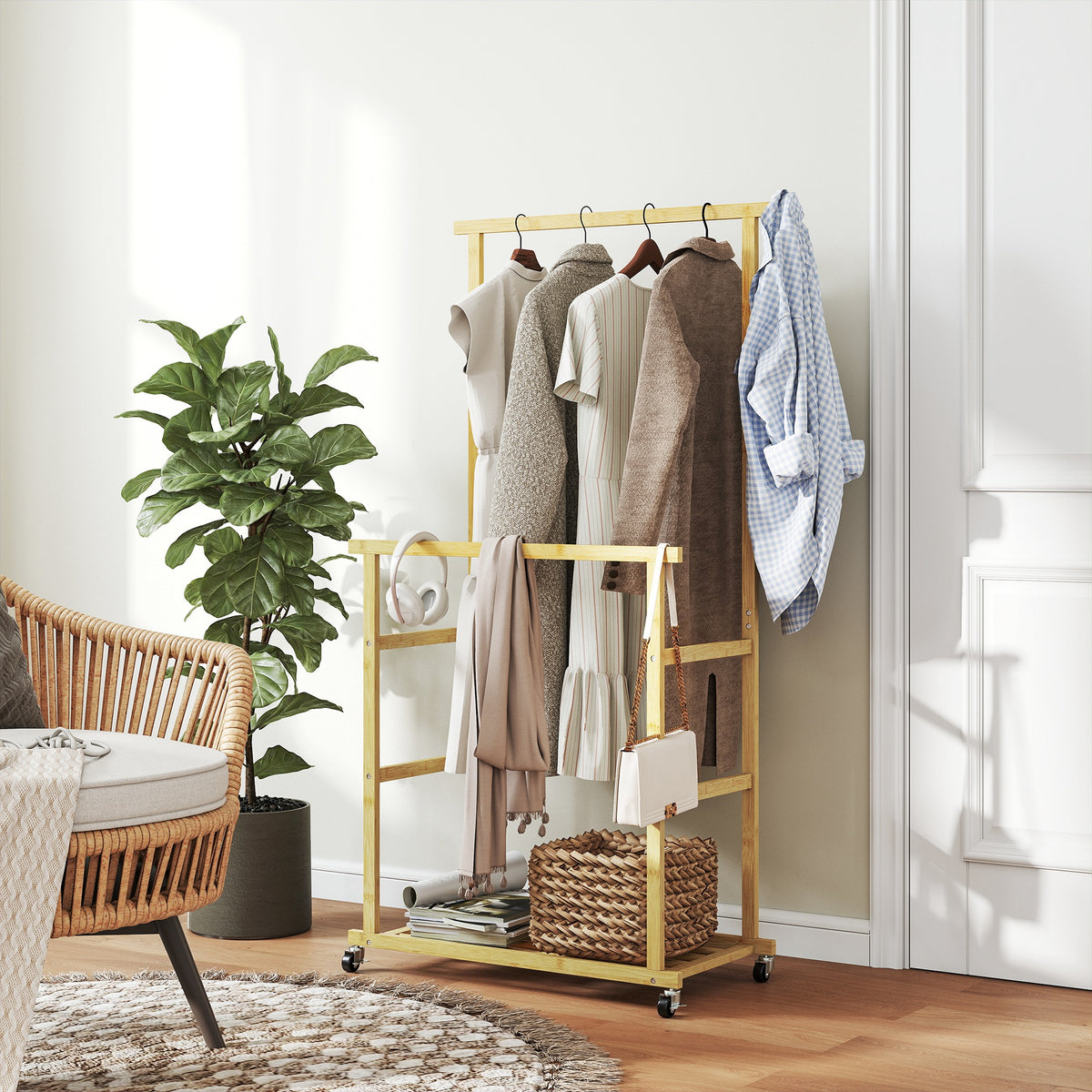 Garment rack with wheels, coat stand with hanging rail, shoe rack, made of bamboo, 80 x 40 x 160 cm, natural (2)