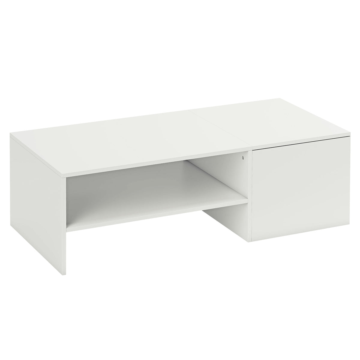 Adjustable coffee table, metal rails, chipboard, foot pads, white