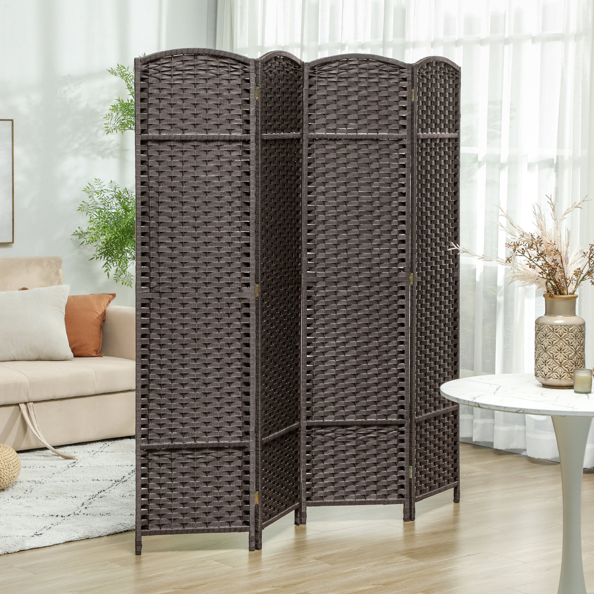 4-panel room divider, foldable privacy screen, privacy wall for living room, bedroom, home office, brown (2)