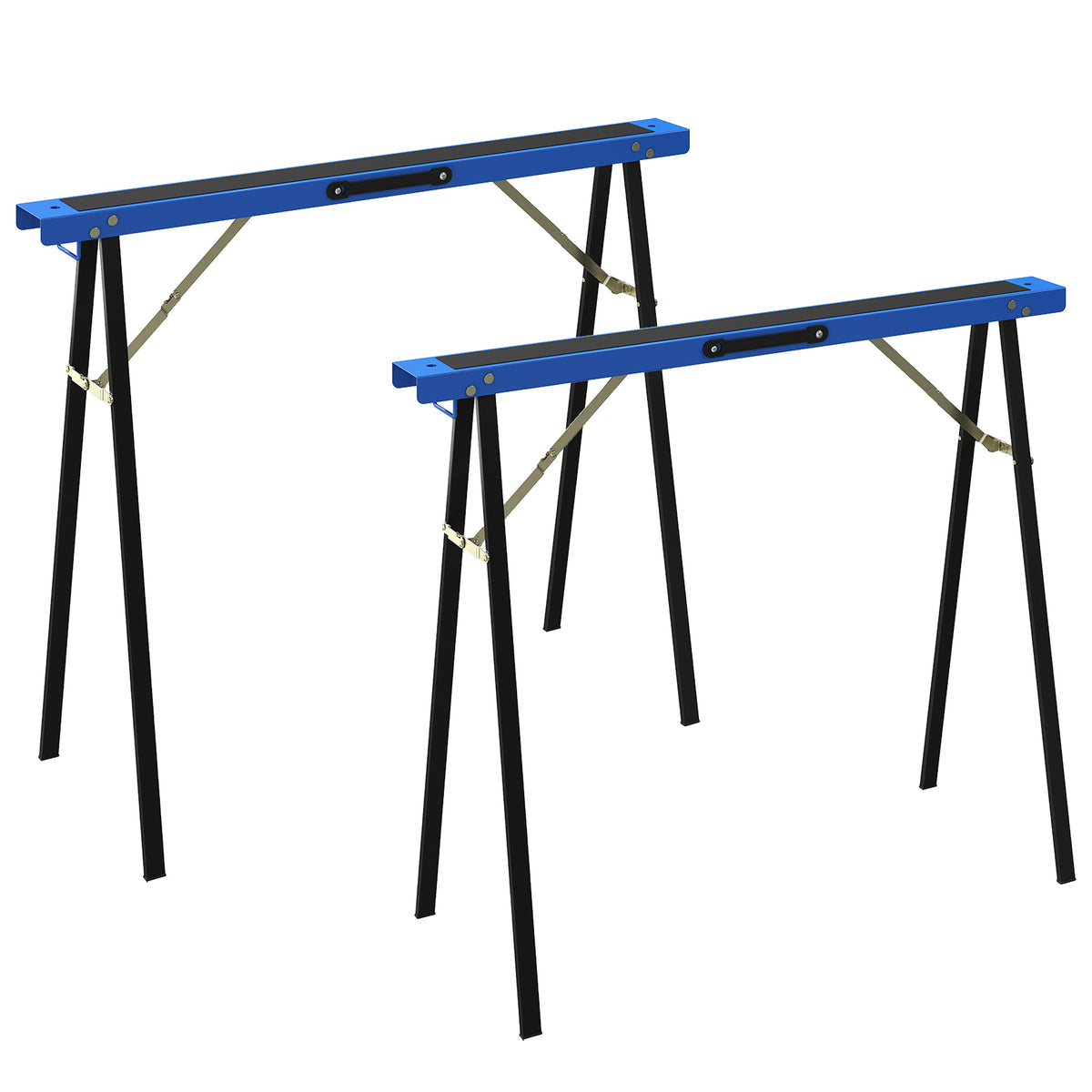 Set of 2 sturdy, foldable metal sawhorses for carpentry work and DIY projects, blue and black