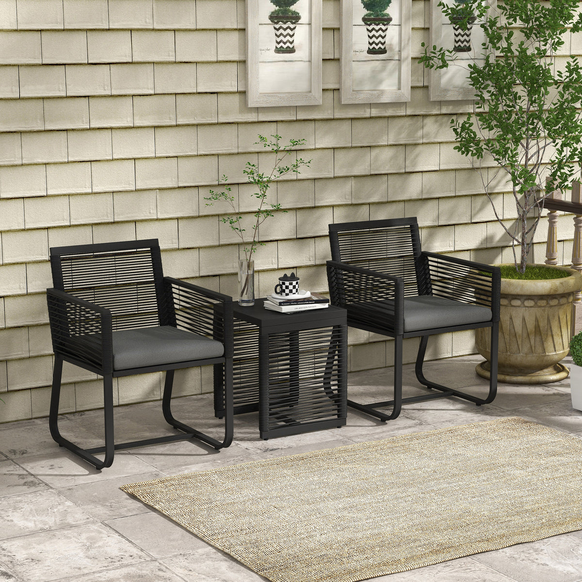 3-piece bistro set, balcony set, patio set, weather-resistant, modern design, 53 cm x 57 cm x 77 cm, black + (2)