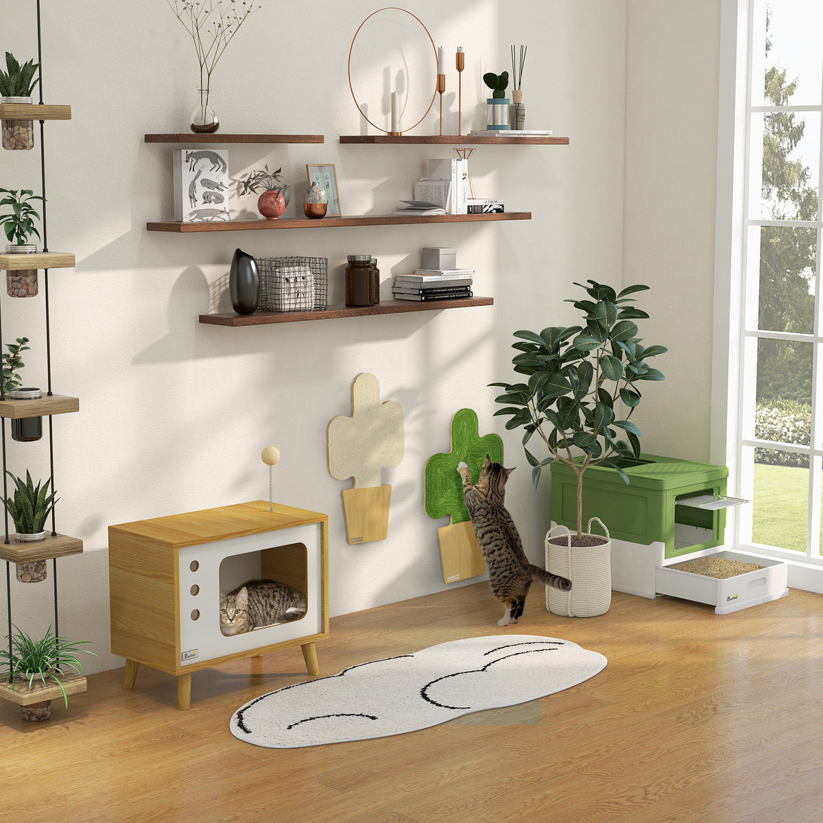 TV-design cat cave incl. toy, washable cushion, 50 cm x 28 cm x 43 cm, oak + beige + white (8)