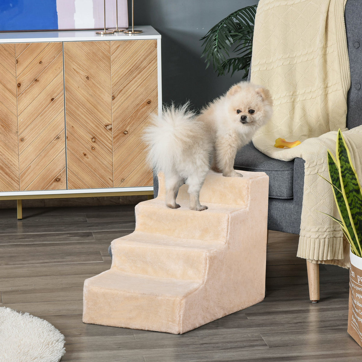 4-step dog stairs, 35 cm pet stairs for bed and sofa, pet steps for dogs and cats up to 5 kg, plush look, beige (2)