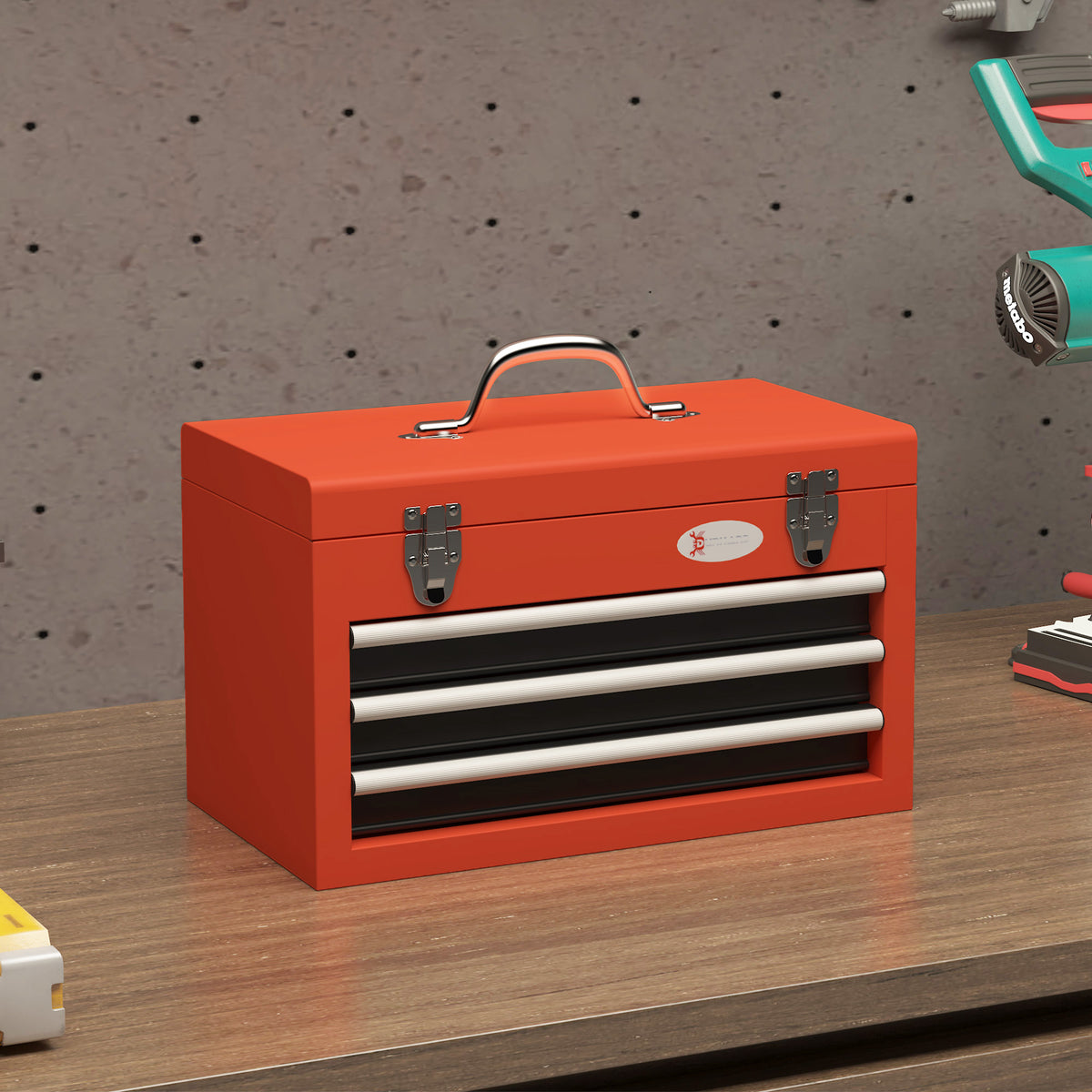 Toolbox with 3 drawers, 1 compartment, sturdy steel latches, 45 x 24 x 27 cm, red (2)