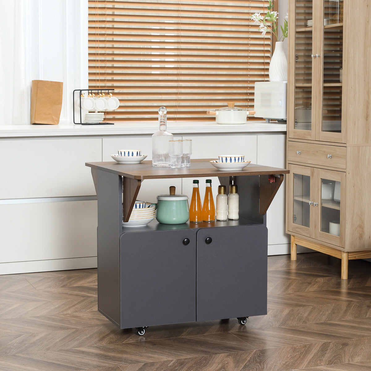 Folding table rolling cabinet, two folding table sides, cabinet compartment, 4 casters, light gray + dark brown (2)