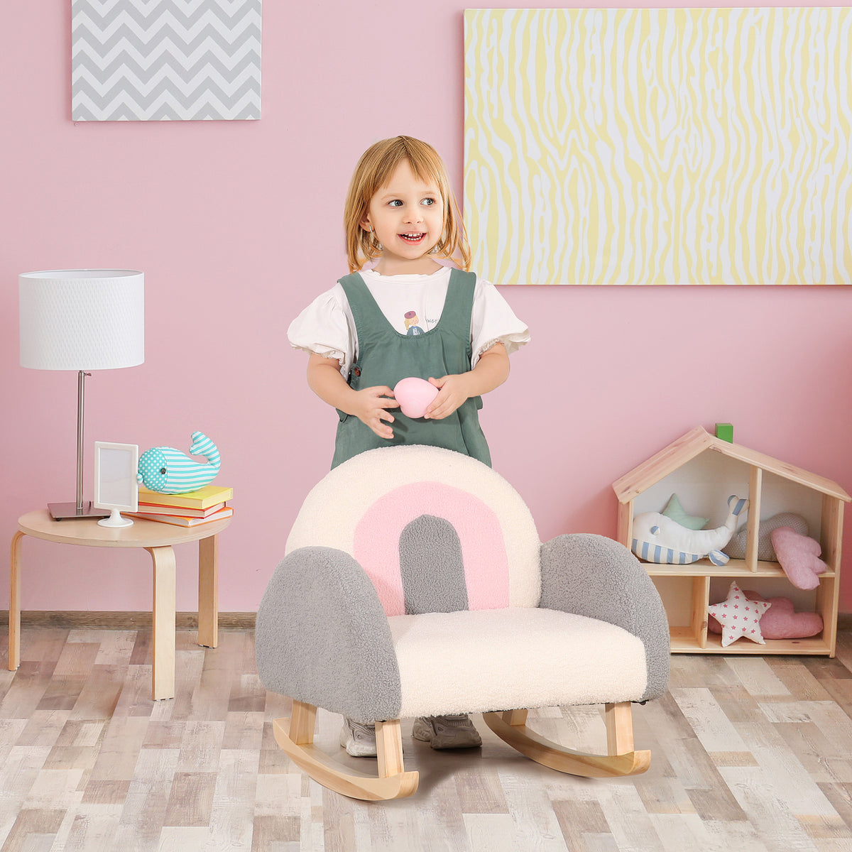 Rocking chair for toddlers, cute design, faux sheepskin, eucalyptus wood, 50 x 45 x 44cm, grey+pink+cream (2)