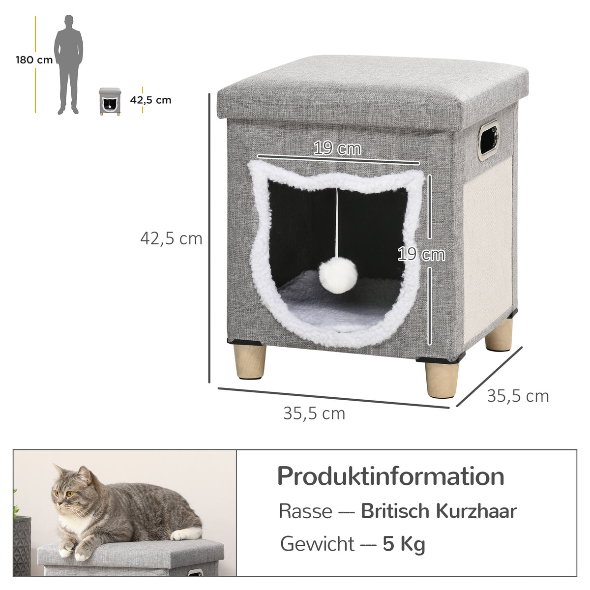 Cat cave, cat house, incl. play ball, washable cushion, 35.5 cm x 35.5 cm x 42.5 cm (3)