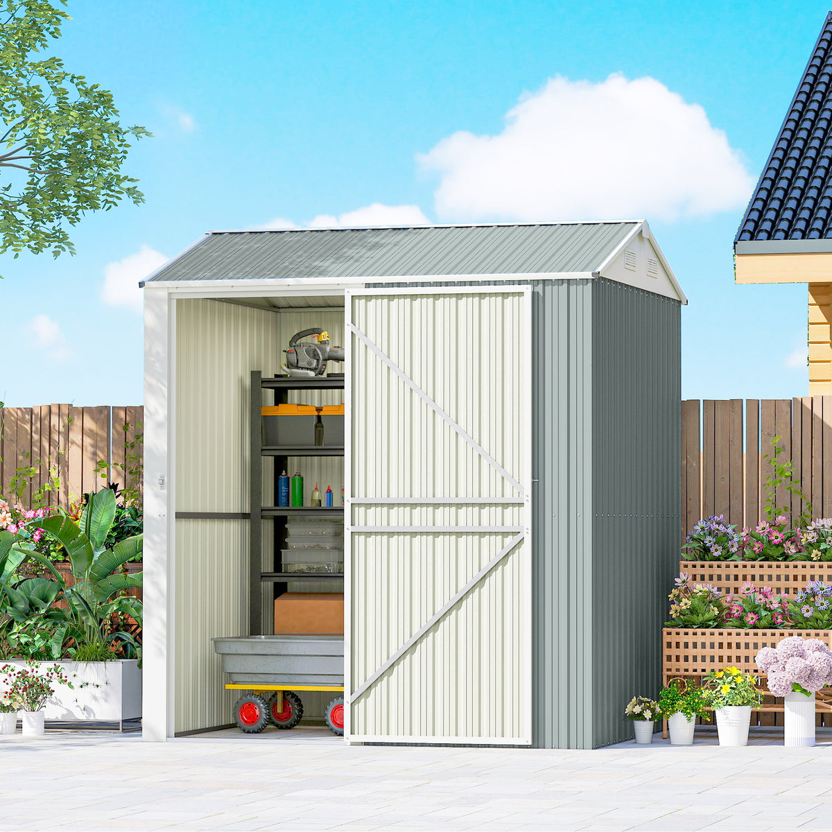 Metal Storage Shed 3.5 m², Tall Lockable Garden Shed with Gable Roof, Air Vents, and Gloves, 209 x 177 x 236 cm (2)