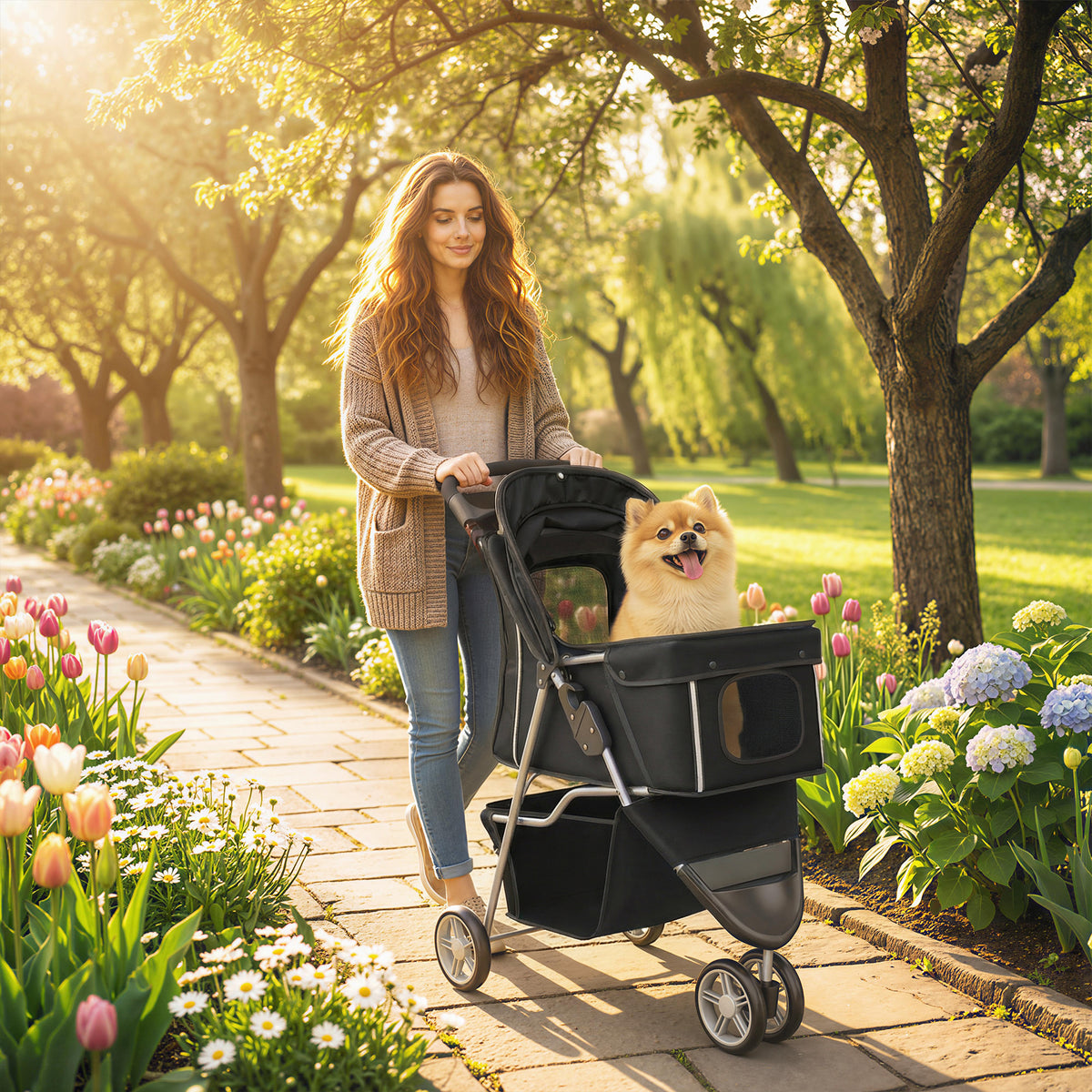 Foldable Pet Stroller Dog Buggy with Storage Basket, Cushion, Mesh Windows, and Cup Holder for Small Dogs up to (2)
