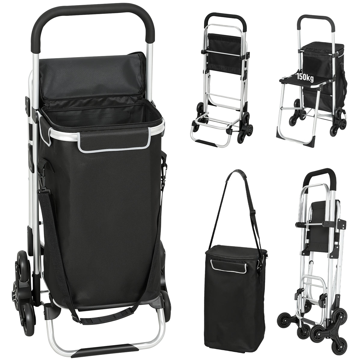 Shopping trolley, 40 L Oxford bag, 3-wheel design, aluminum frame, seat, gray