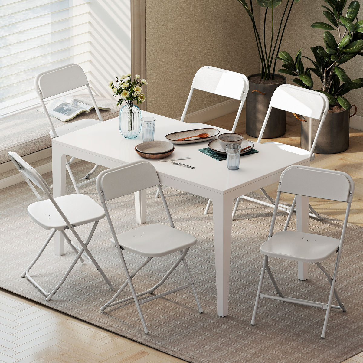 Set of 6 folding chairs, foldable chairs with drainage holes, steel frame, versatile, white (2)