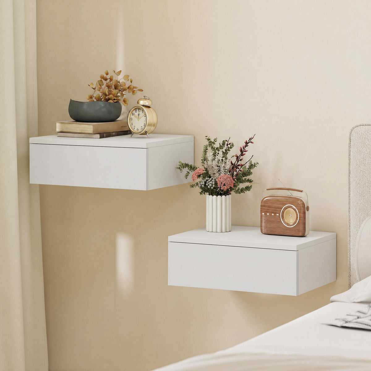 Set of 2 nightstands, wall-mounted design, drawer, for bedroom, chipboard, white – assembled