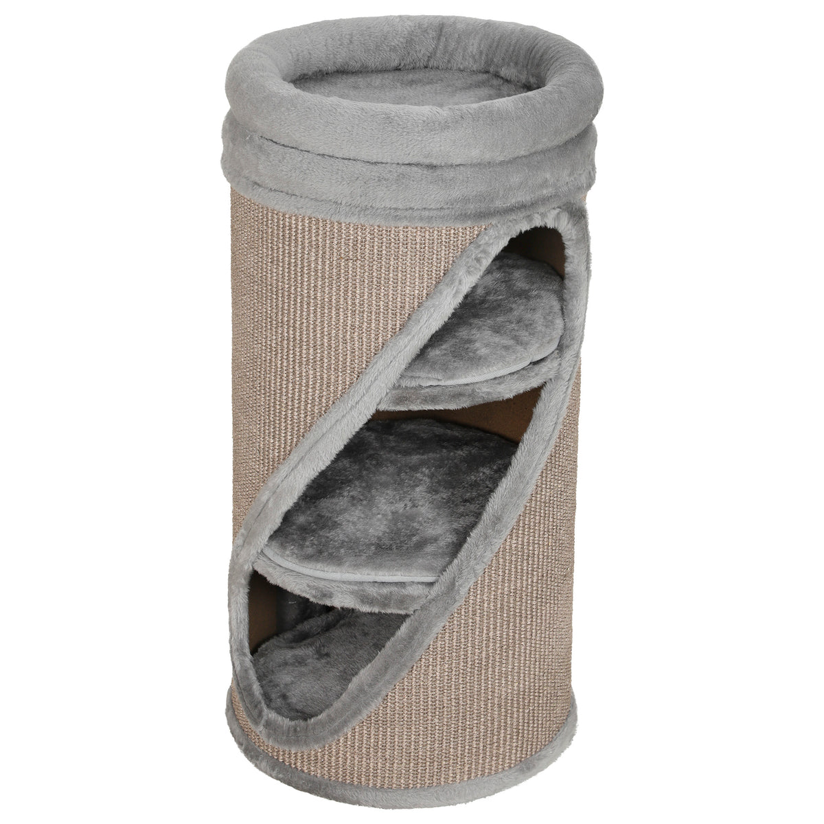 Scratching barrel, 75 cm high, Ø 35 cm, 4-tier cat barrel with 3 caves, removable washable plush bed, sisal