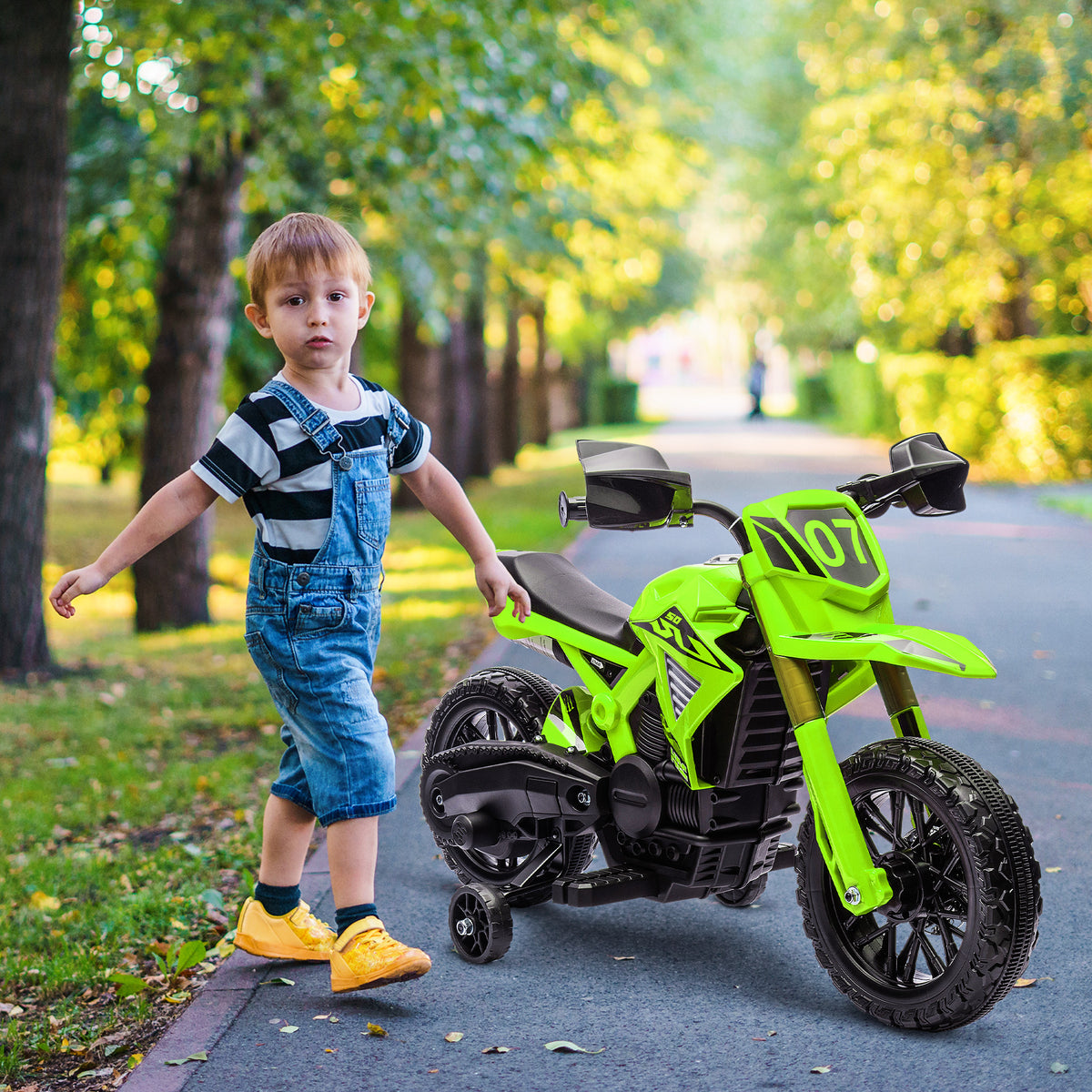 Electric motorcycle for children, 6V battery drive, training wheels, horn, engine start sound, 3-8 years, green (2)