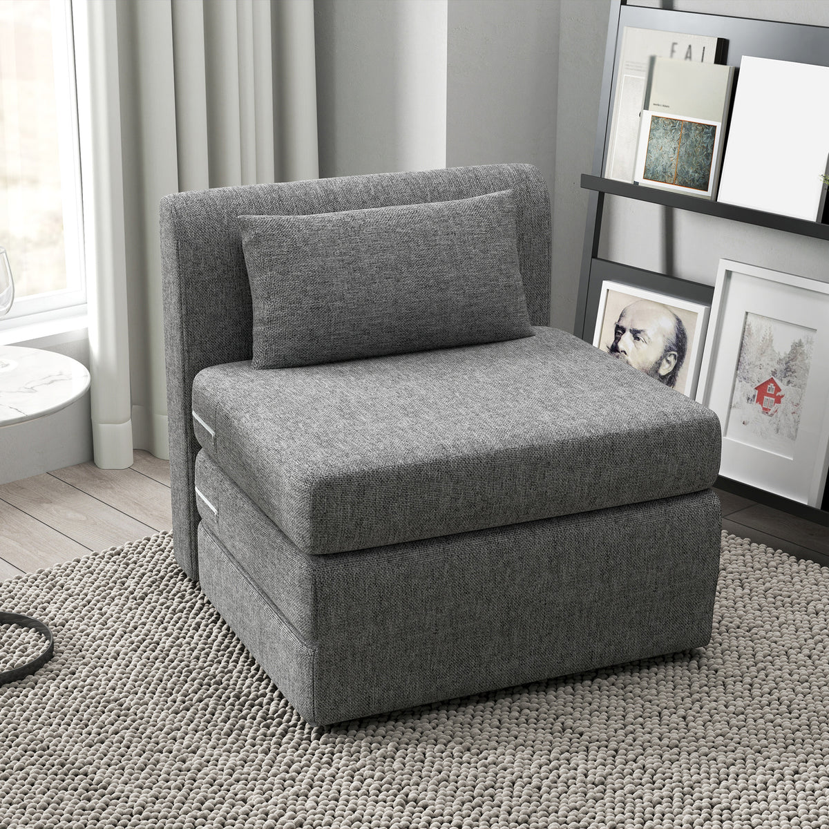 Sleeper chair, guest mattress, triple-fold, compact, metal frame, 80x75x74 cm, grey (2)