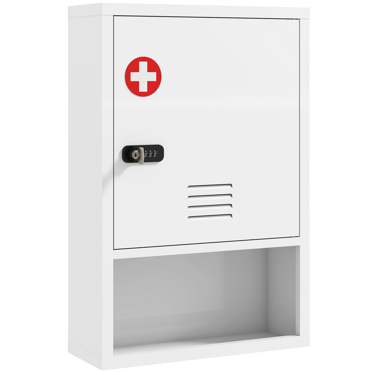 Wall-mounted medicine cabinet with combination lock and key, 3-tier, lockable, white