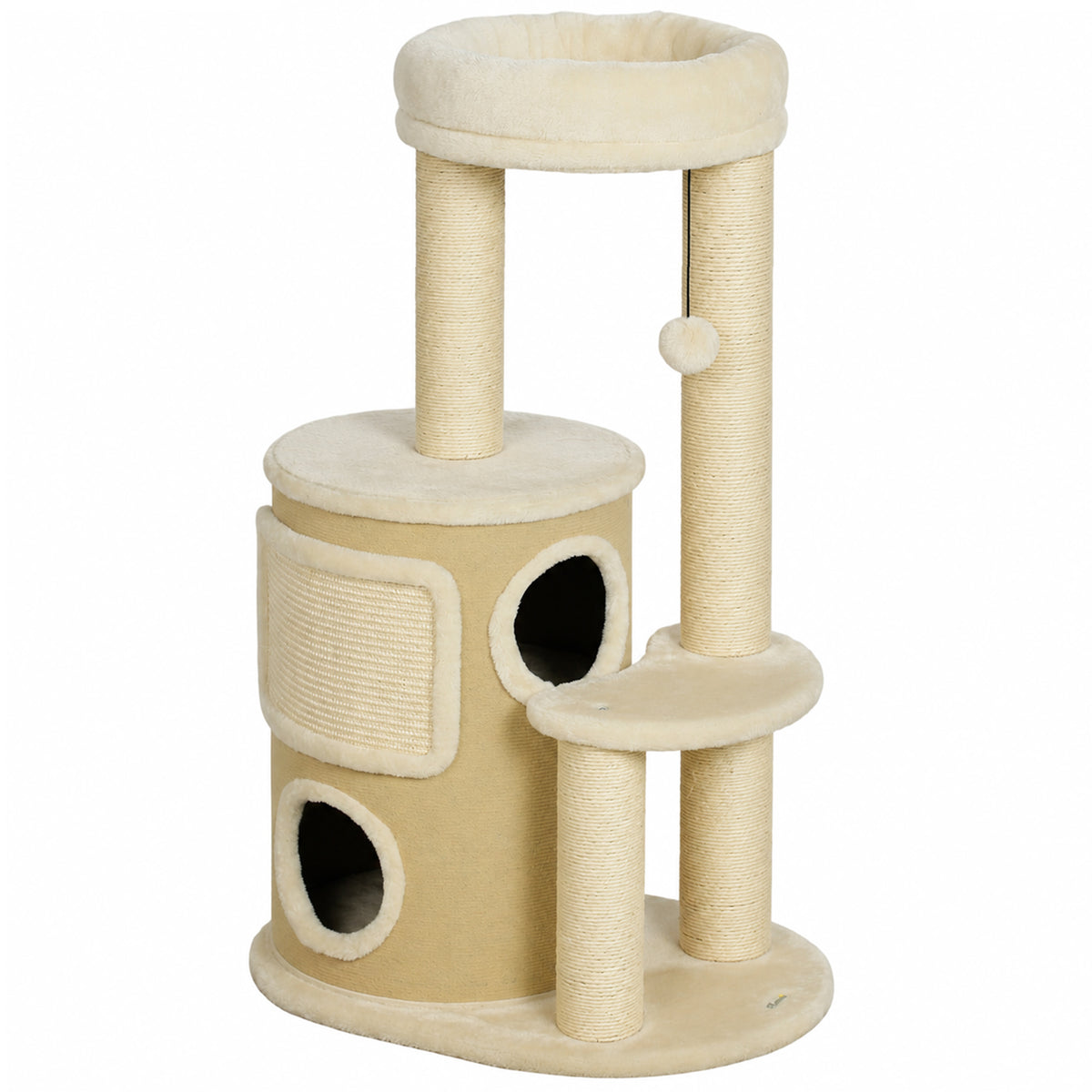 Cat tree with 2-tier scratching barrel, cat tree with sisal scratching posts, platform, sisal board, and play
