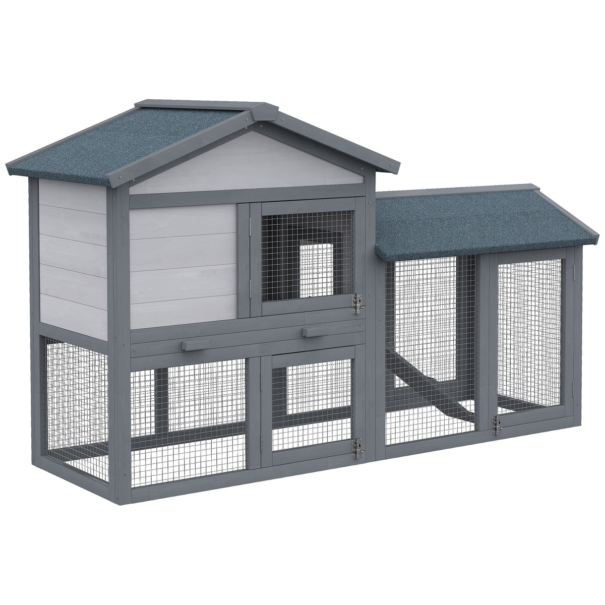 Wooden Rabbit Hutch 147 x 54 x 84 cm Rabbit Cage with Weatherproof Bitumen Roof, Outdoor Enclosure, Ramp