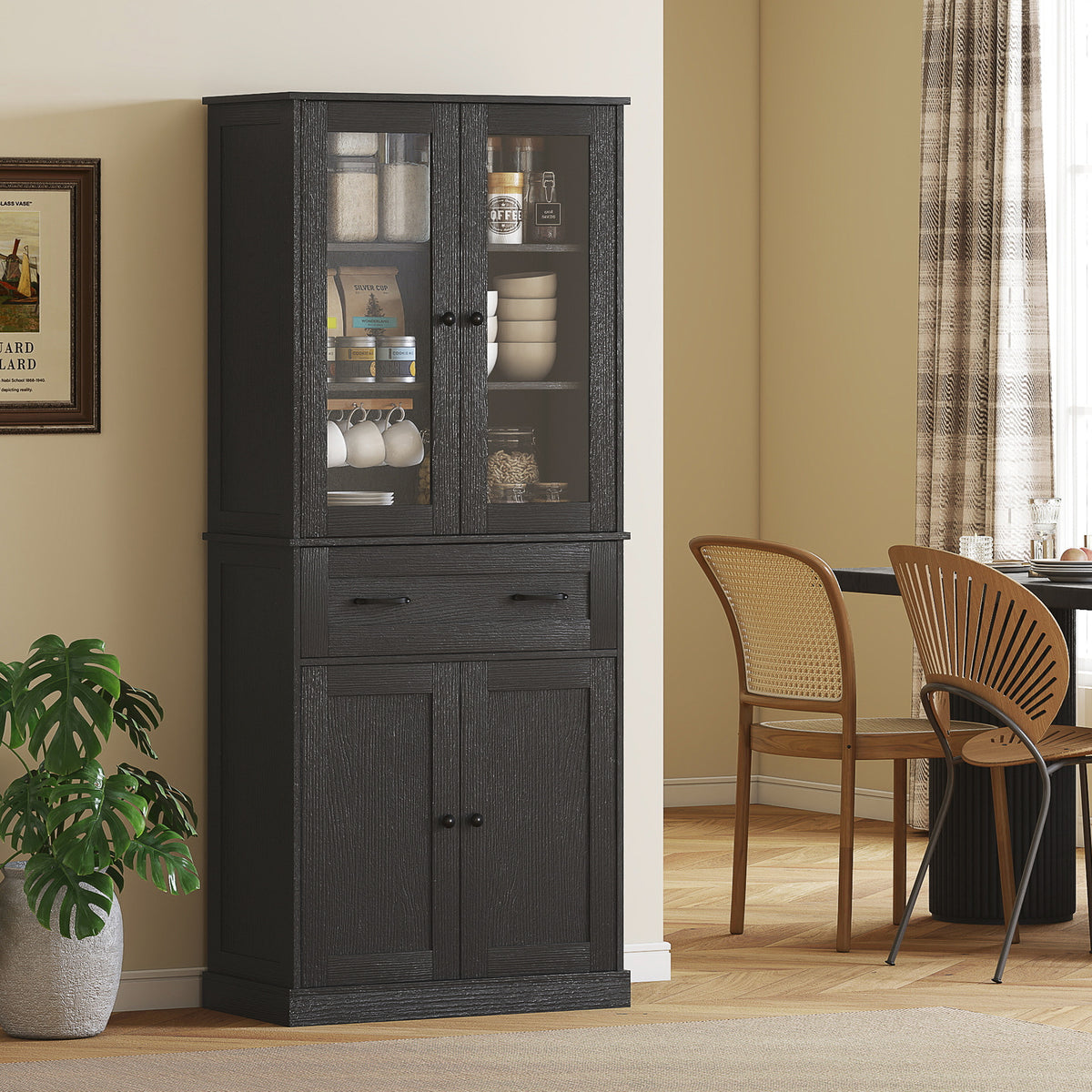 Kitchen cabinet, sideboard, acrylic front, drawers, 76 x 40 x 182.5 cm, black (8)