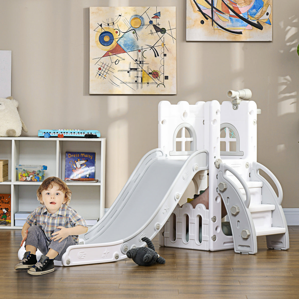 Children's slide, 5-in-1, toddler slide with basketball hoop, telescopic climbing frame, grey, 70 x 177 x 92 cm (2)