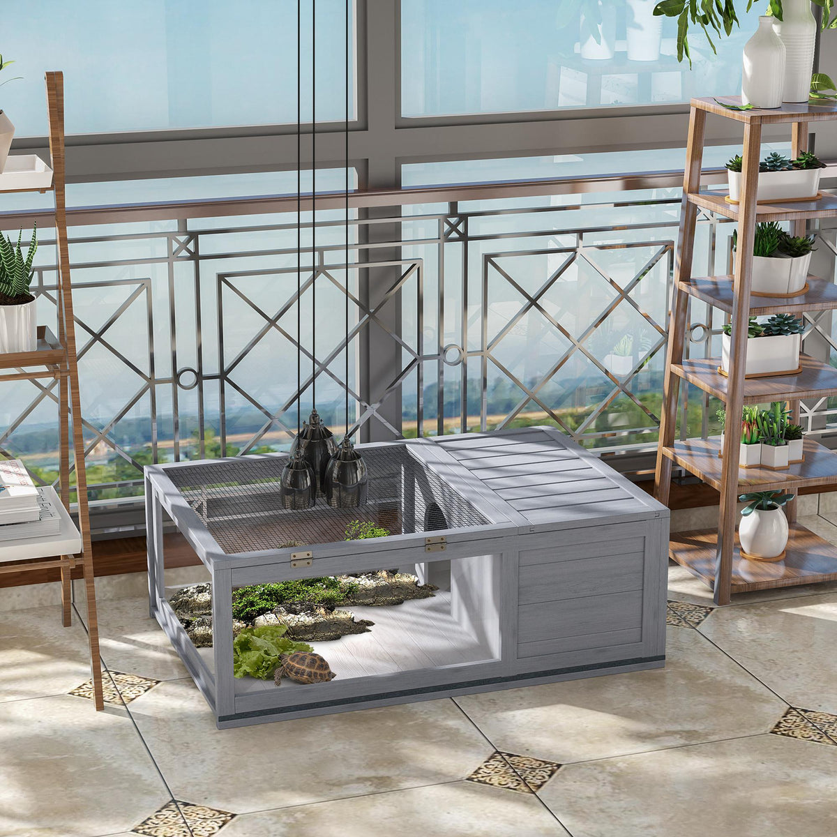 Wooden tortoise house tortoise enclosure with main houses hinged top 91x60.5x32 cm, gray (2)