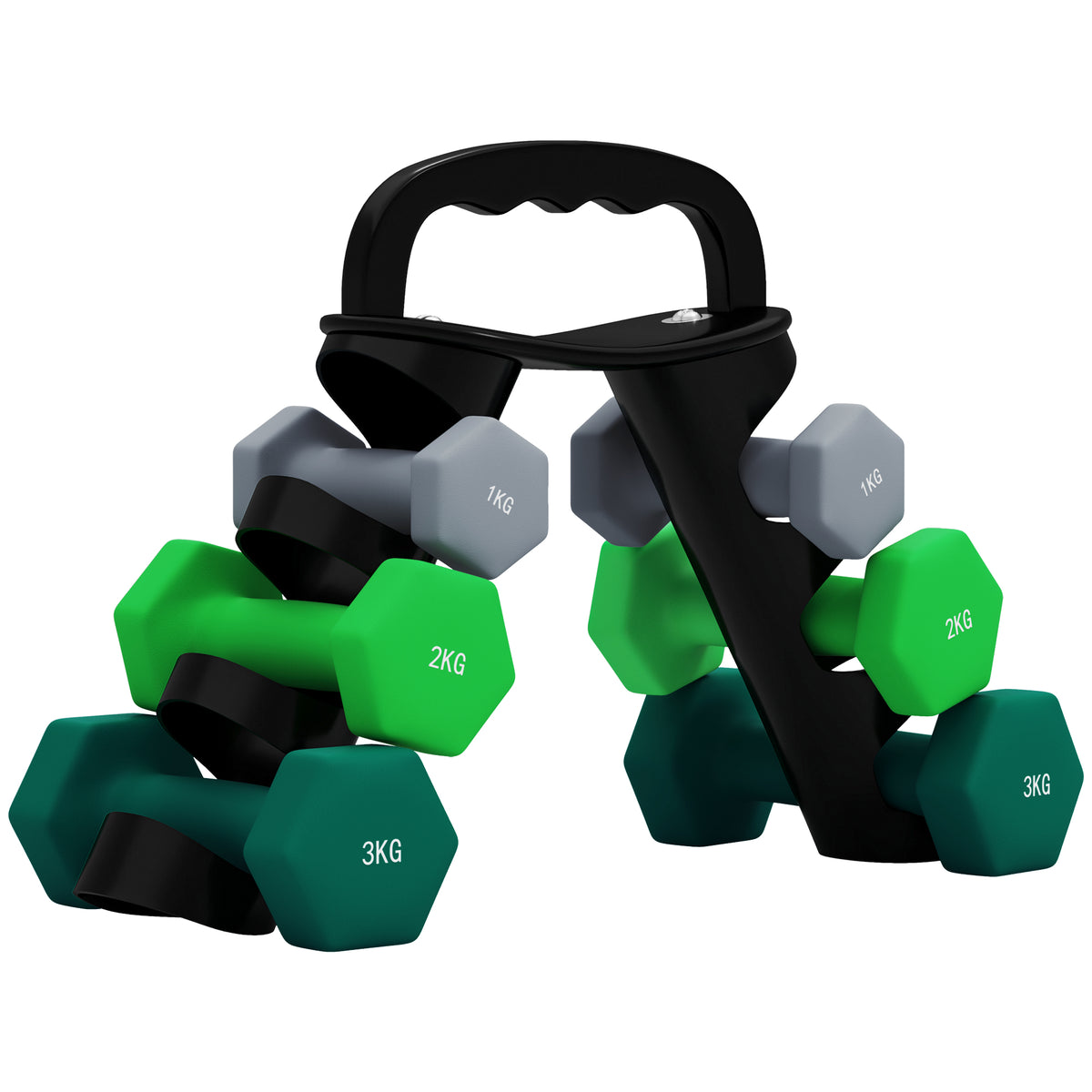 Dumbbell set with storage rack, set of 6 dumbbells for fitness training, 2 x 1kg, 2 x 2kg, 2 x 3kg