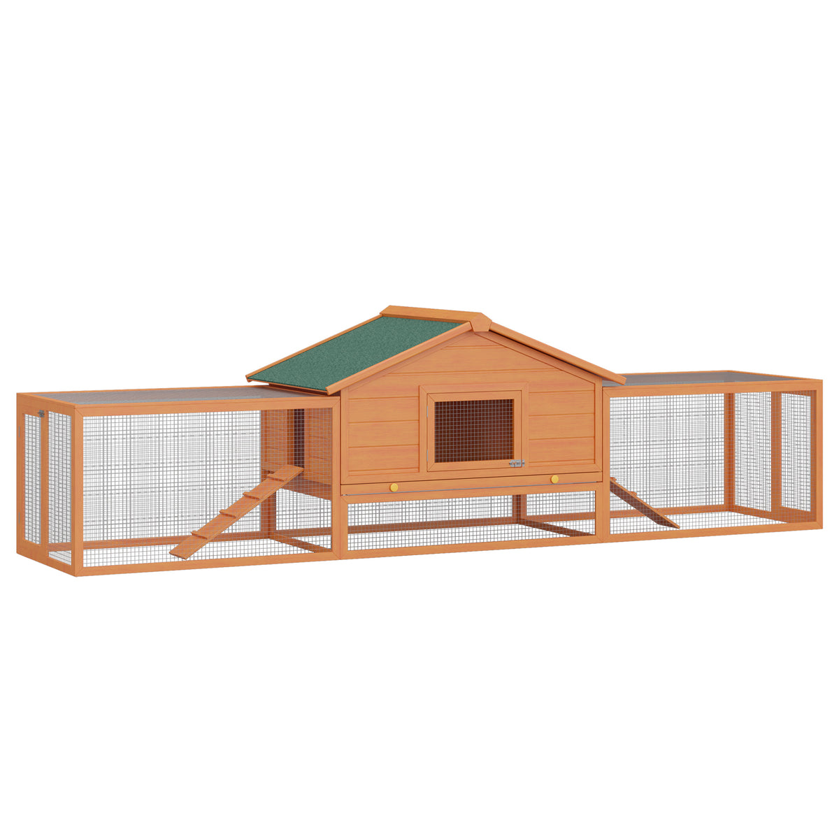 Small animal hutch, small animal cage, 2 outdoor runs, 2 ramps, 309 cm x 79 cm x 86 cm, natural + green