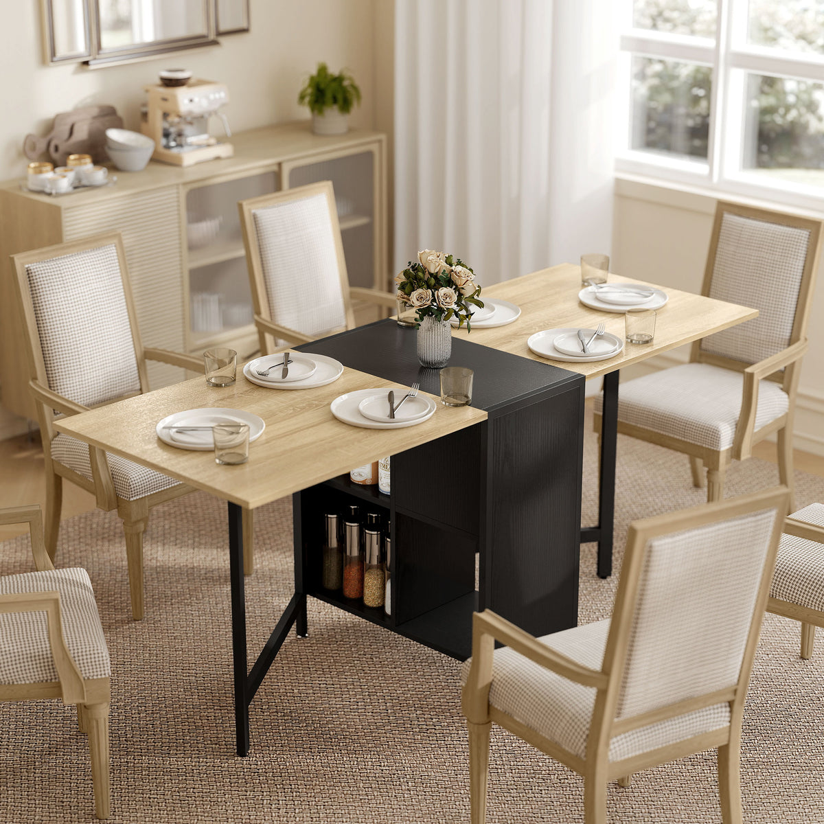 Folding table dining table side table oak metal frame kitchen living room dark wood color+black (2)