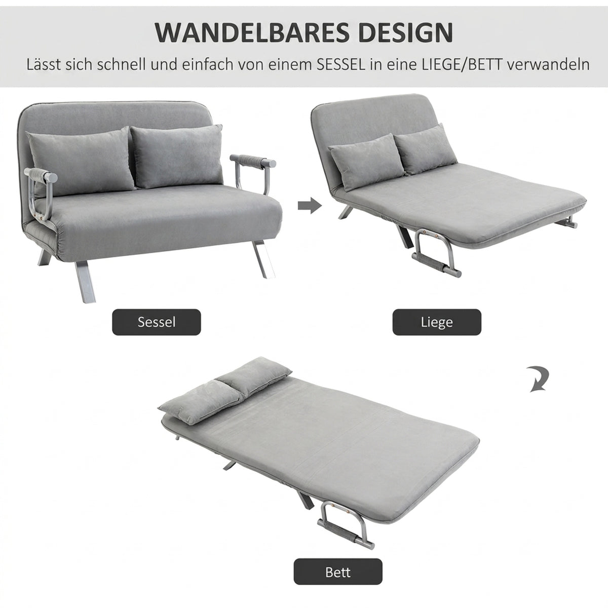 Sofa bed, double sofa, guest bed, including 2 cushions, gray (4)