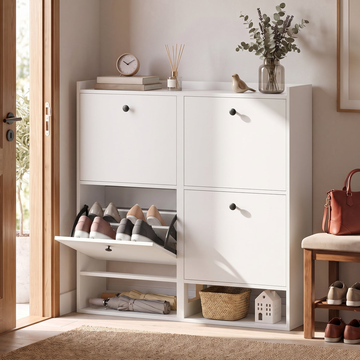 Shoe cabinet with 4 tilt-out compartments, adjustable dividers, open shelf, and top storage surface, white (2)