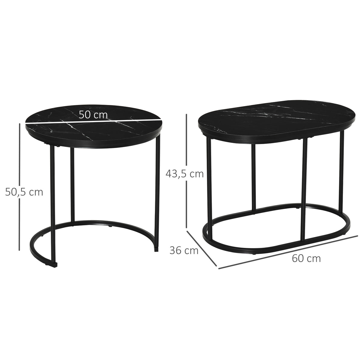 2-piece coffee table set, oval and round coffee table, stackable, marble look, MDF, metal, Ø50 x 50.5H cm, black (2)
