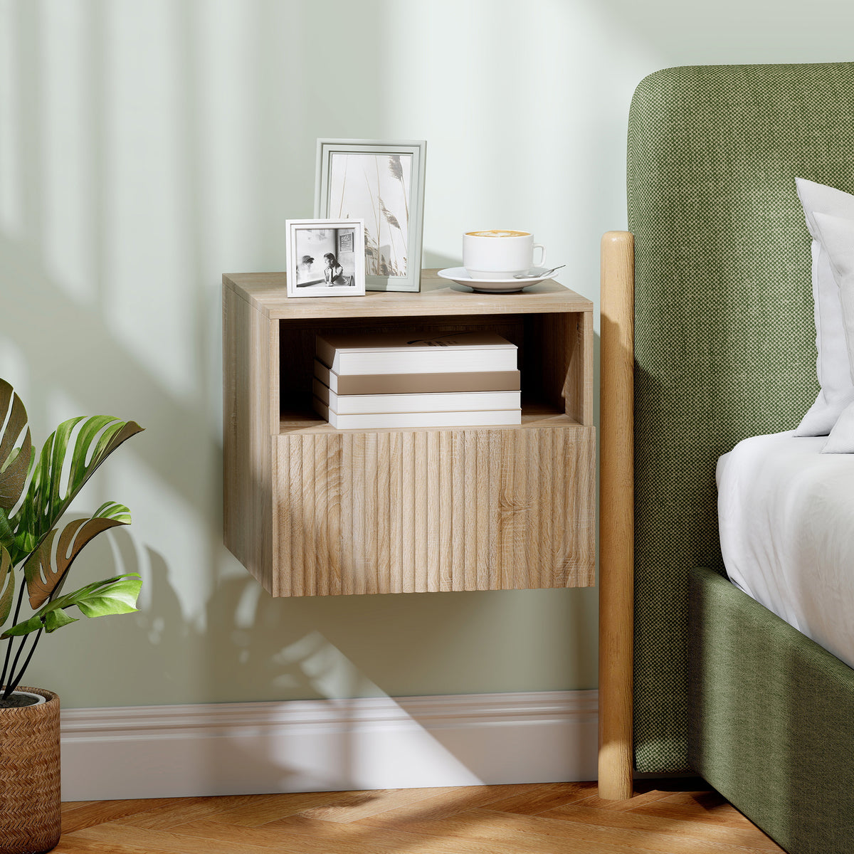 Nightstand, handleless design, open compartment, drawer, wall-mounted, light brown (2)