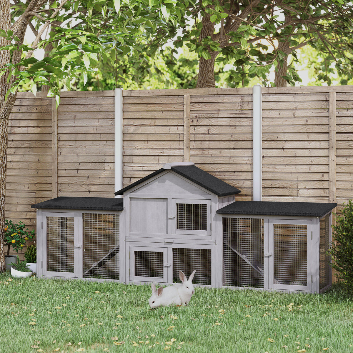 Small animal hutch with 2 outdoor runs, asphalt roof, fir wood, gray + black (2)