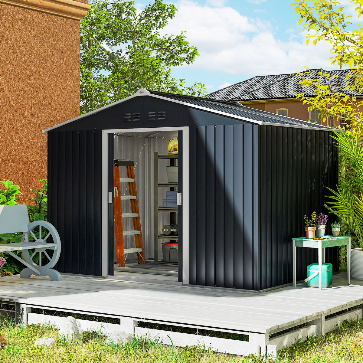 Metal tool shed with sliding doors and ventilation windows, 277 x 195 x 192 cm, dark gray (2)