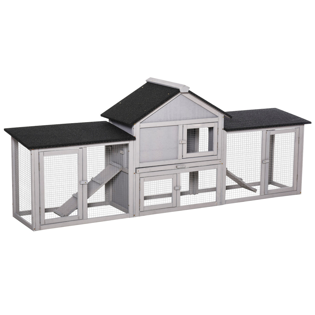 Small animal hutch with 2 outdoor runs, asphalt roof, fir wood, gray + black