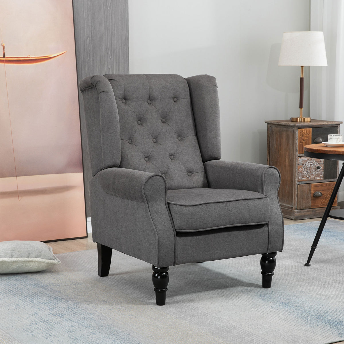 Vintage-style wingback chair, reading chair, accent chair, wooden legs, button tufting, gray + black (2)