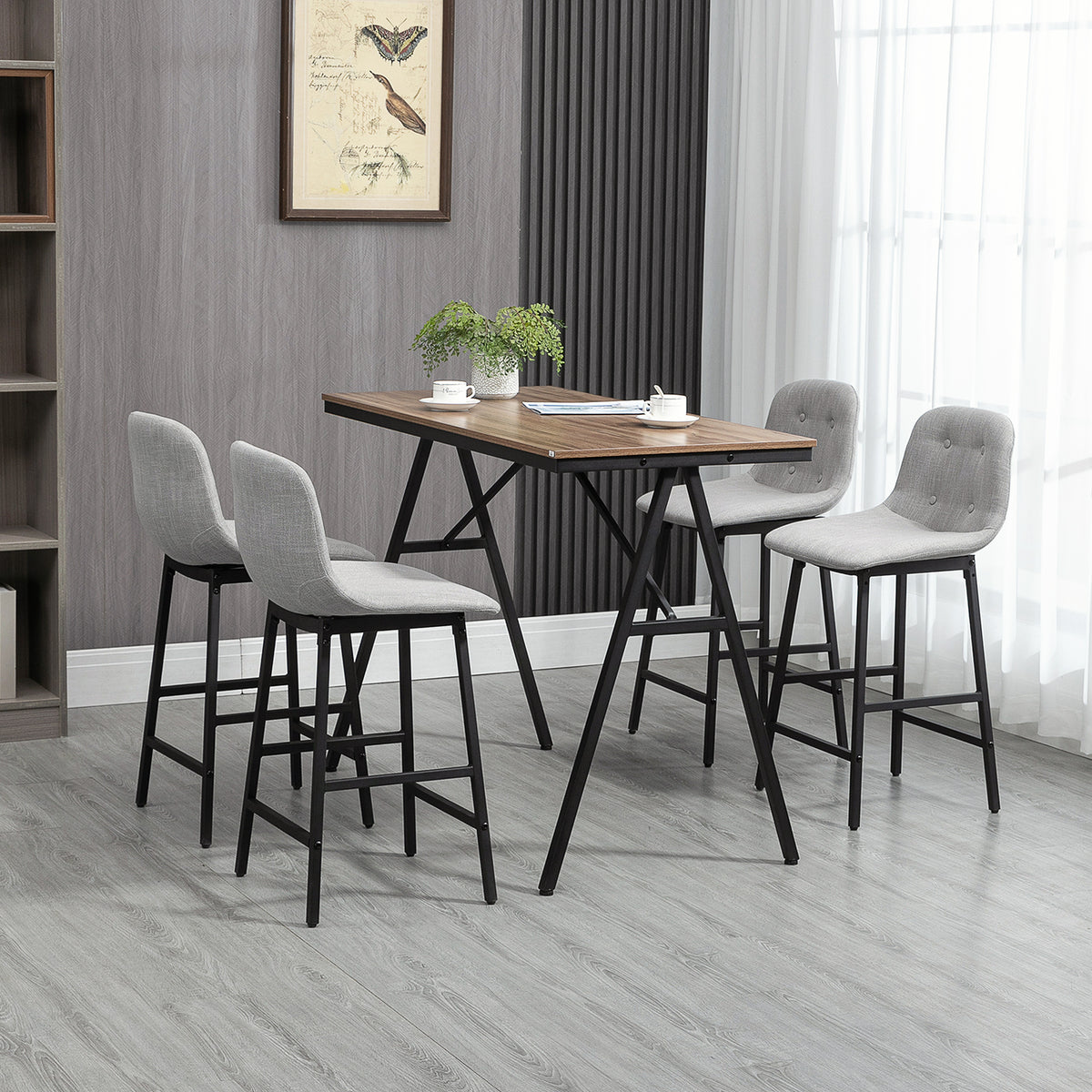 Bar table with bar stools in industrial design, button tufting, 120 cm x 60 cm x 91 cm, light grey (2)