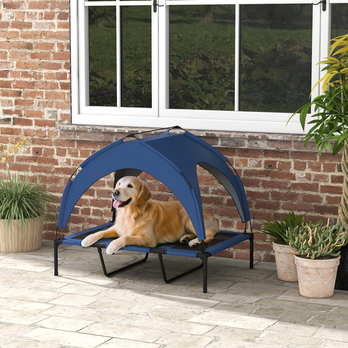 Dog bed, outdoor dog bed, weatherproof, elevated frame, 106 x 76 x 94 cm, dark blue (2)