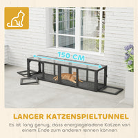 Cat tunnel, wooden cat toy with 3 doors, expandable play tunnel for cats up to 10 kg, 151.5 x 38.5 cm grey (7)