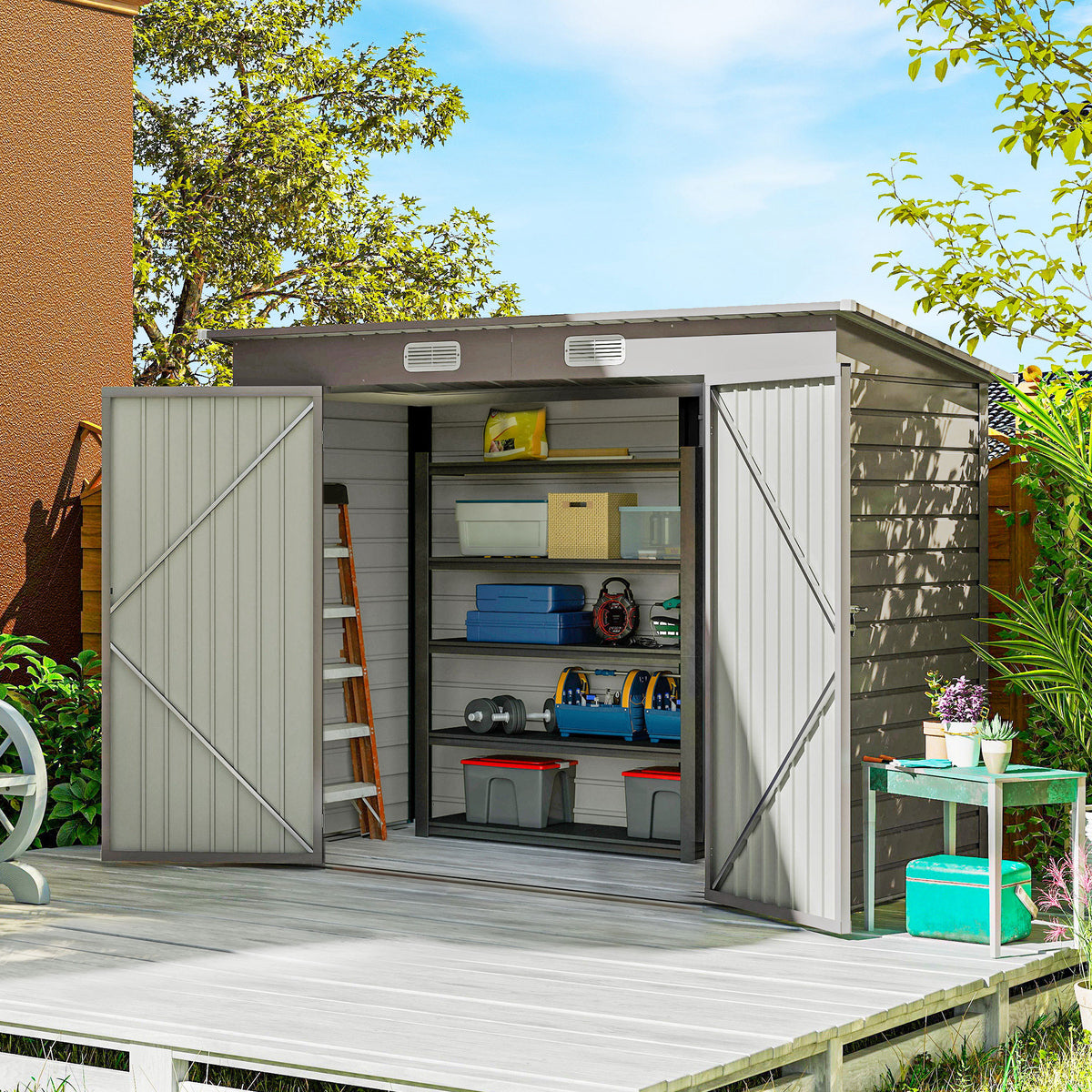Metal garden shed, tool shed, double door, 249 x 121 x 166/183cm, light grey (2)