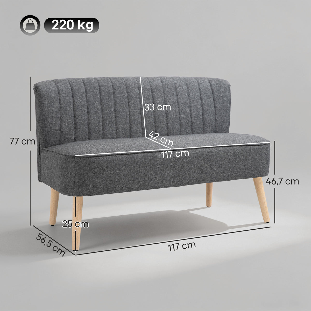 2-seater sofa, linen-look upholstered sofa, wooden frame, for living room bedroom, 117 cm, gray (3)