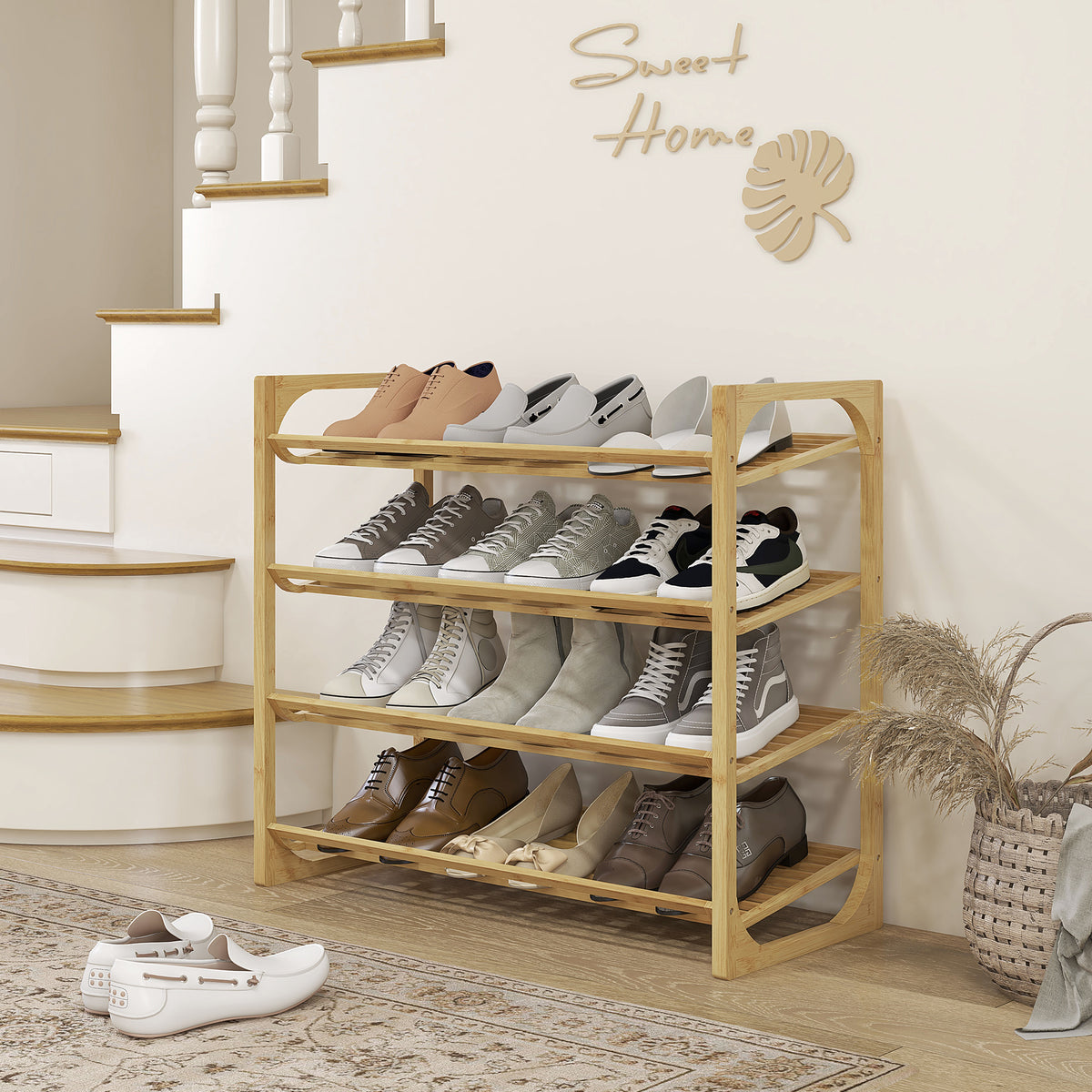 Bamboo shoe rack, 15.5 cm shelf height, ventilated slat design, 76 x 33 x 67 cm, natural wood effect (2)