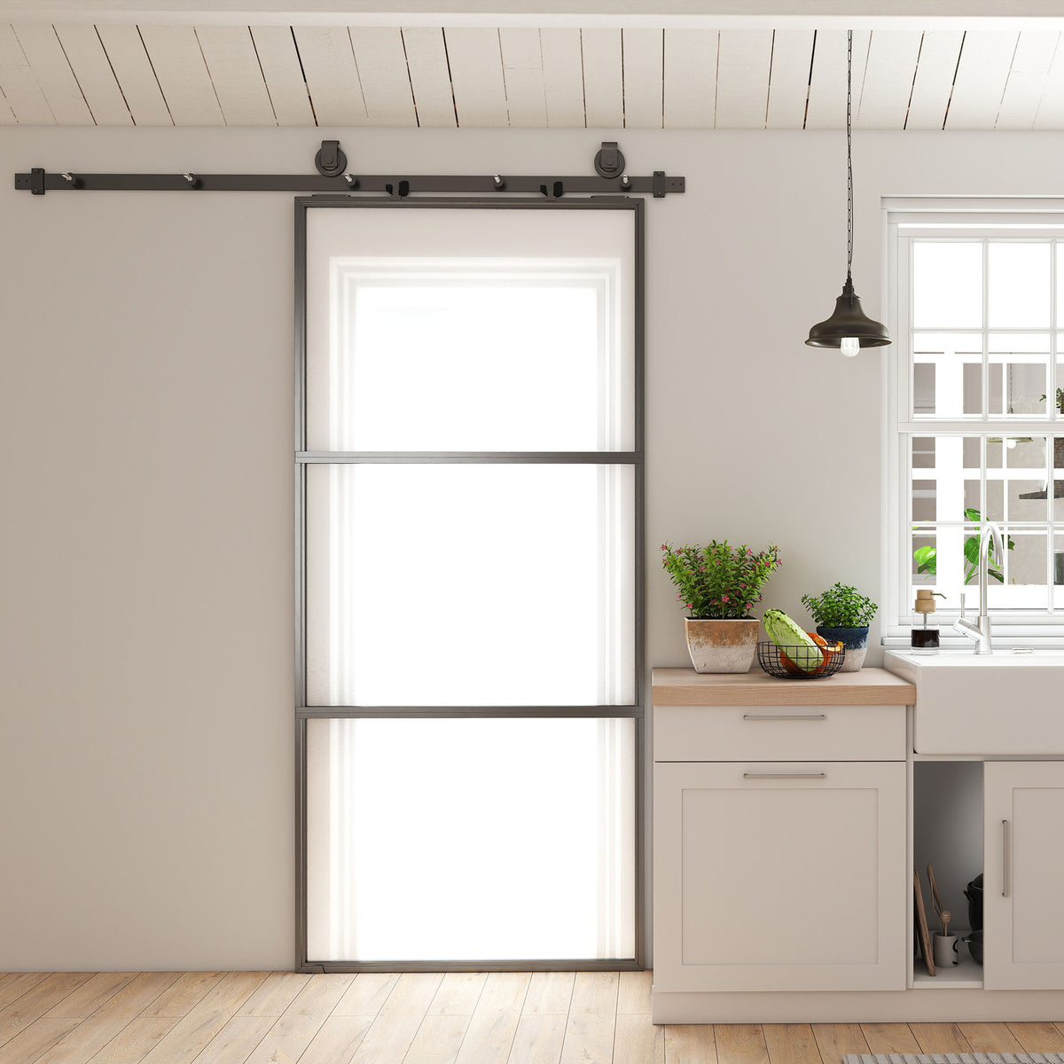 Sliding door with frosted glass, rail system, assembly kit, soft-close mechanism, easy assembly, steel, black (2)