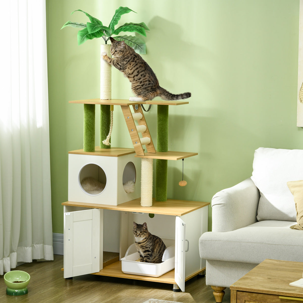 Cat tree, incl. cabinet, 1 cat cave, 80 x 48 x 160cm, 1 ladder, oak + white (2)