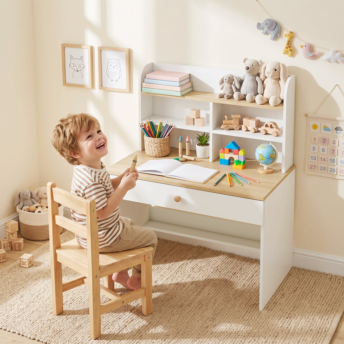 Children's desk, kids' desk with drawer, bookshelf, and storage for children aged 3-8, 80 x 50 x 100 cm, white (2)