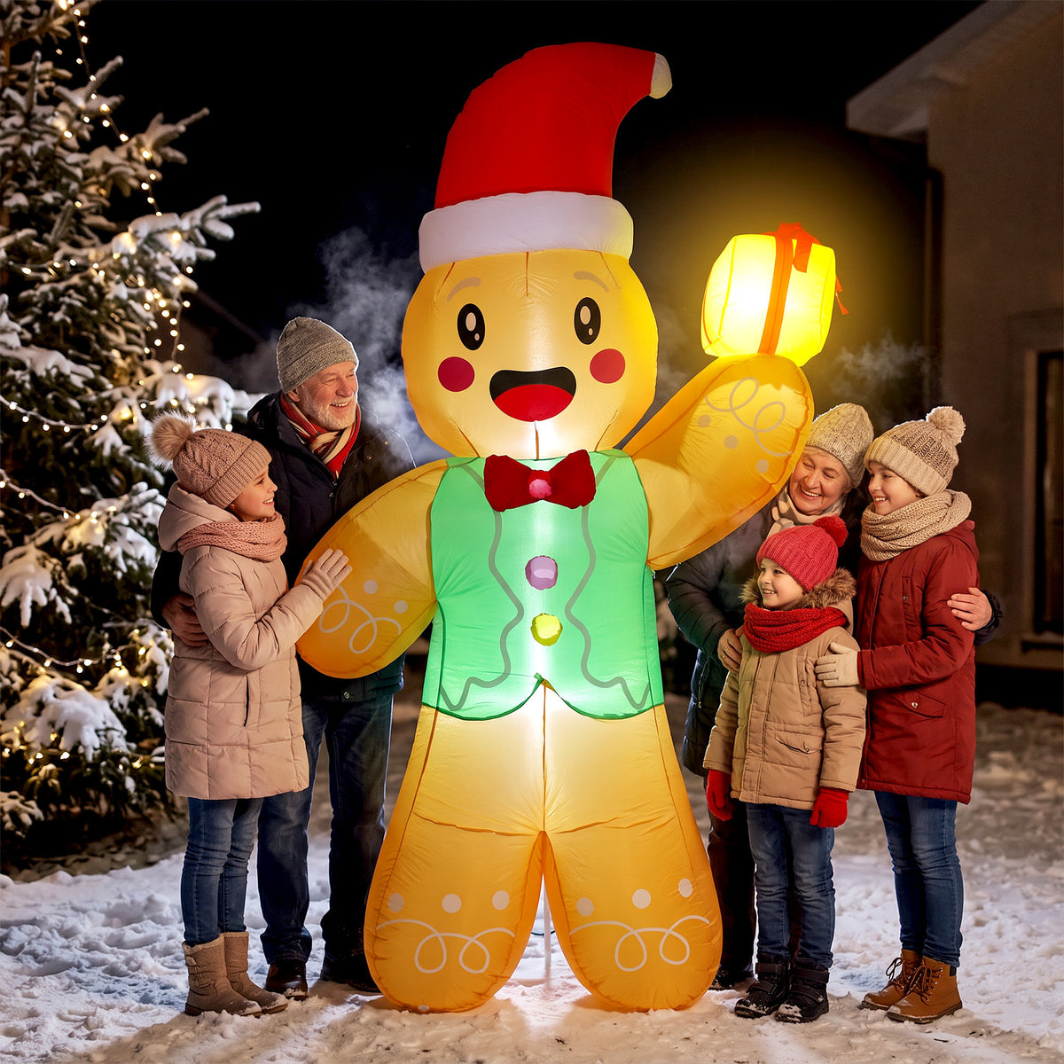 Inflatable Christmas gingerbread man, 250 cm, with gift box and LEDs, for outdoor use (2)